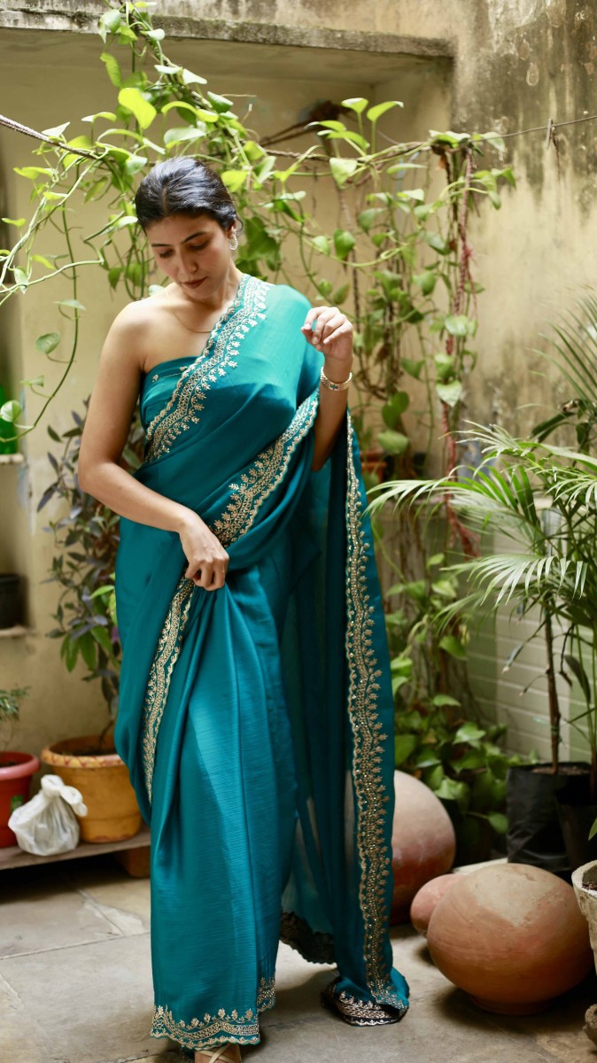 Bottle Green Embroidered border saree